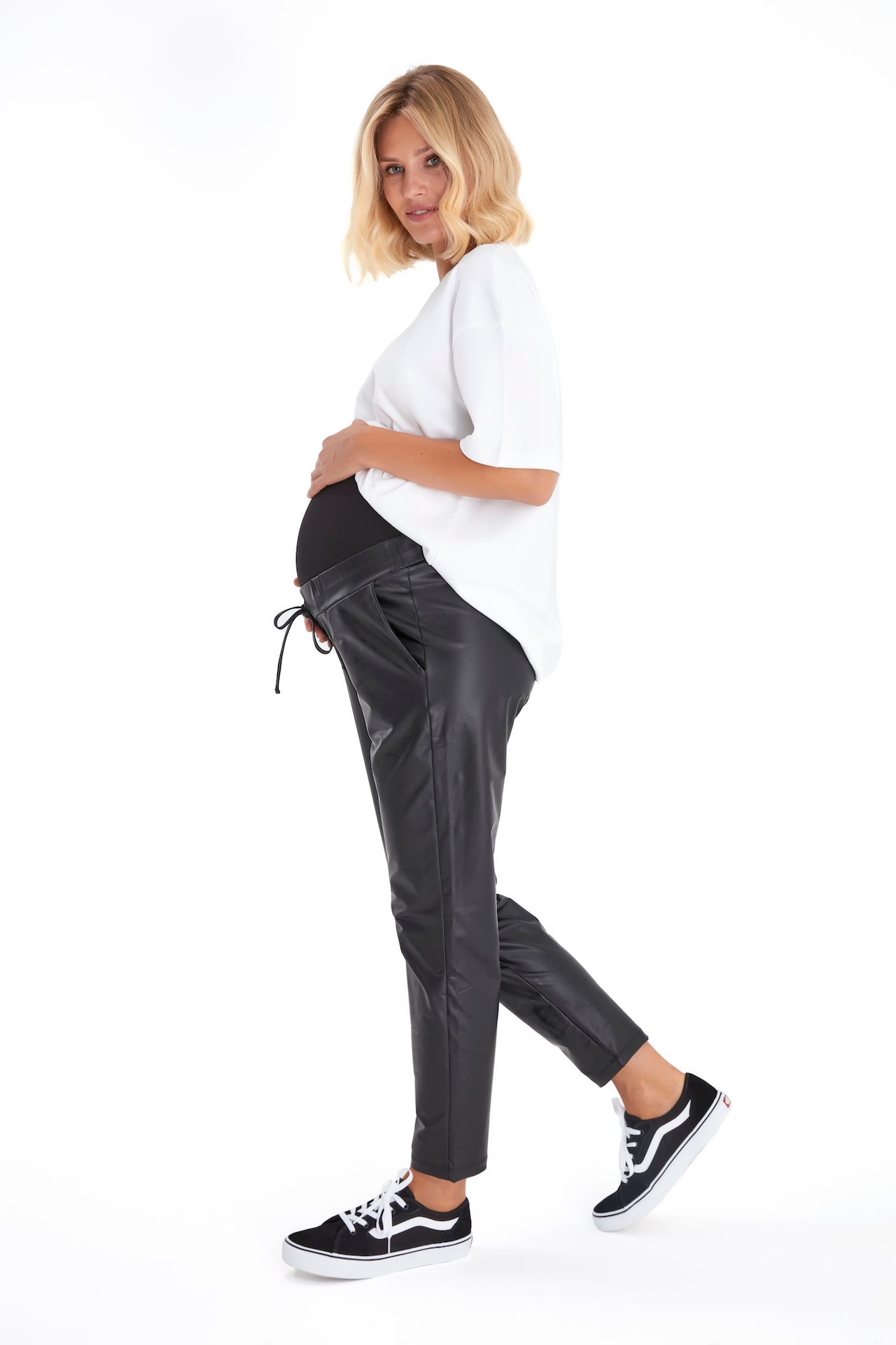 Comfy Cool Foldover Waistband Faux Leather Maternity Jogger Pants
