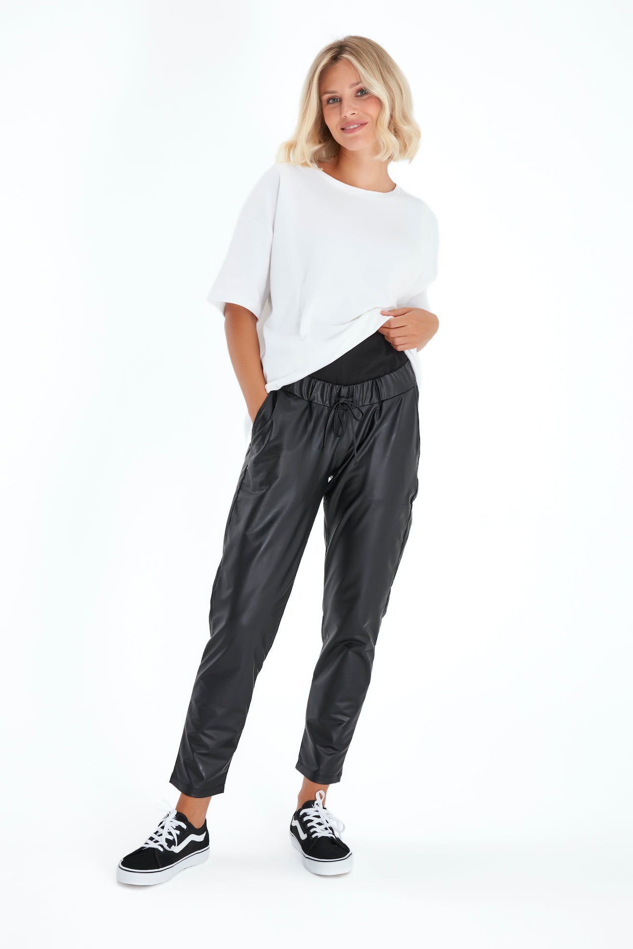 Comfy Cool Foldover Waistband Faux Leather Maternity Jogger Pants
