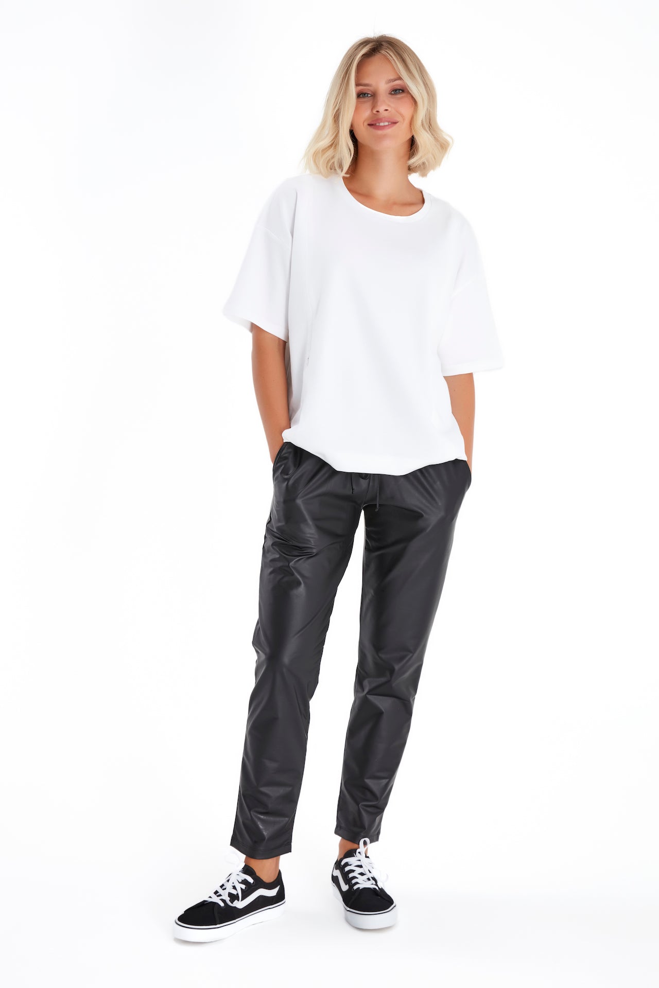 Comfy Cool Foldover Waistband Faux Leather Maternity Jogger Pants
