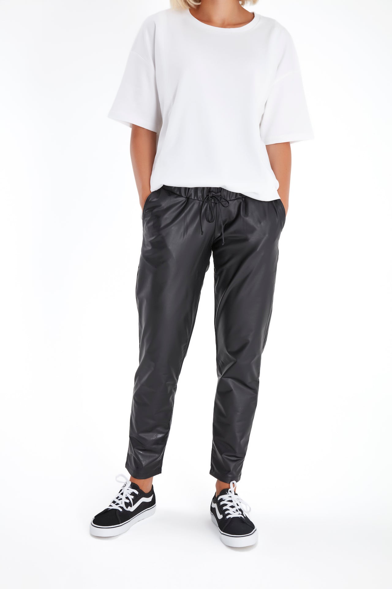 Comfy Cool Foldover Waistband Faux Leather Maternity Jogger Pants
