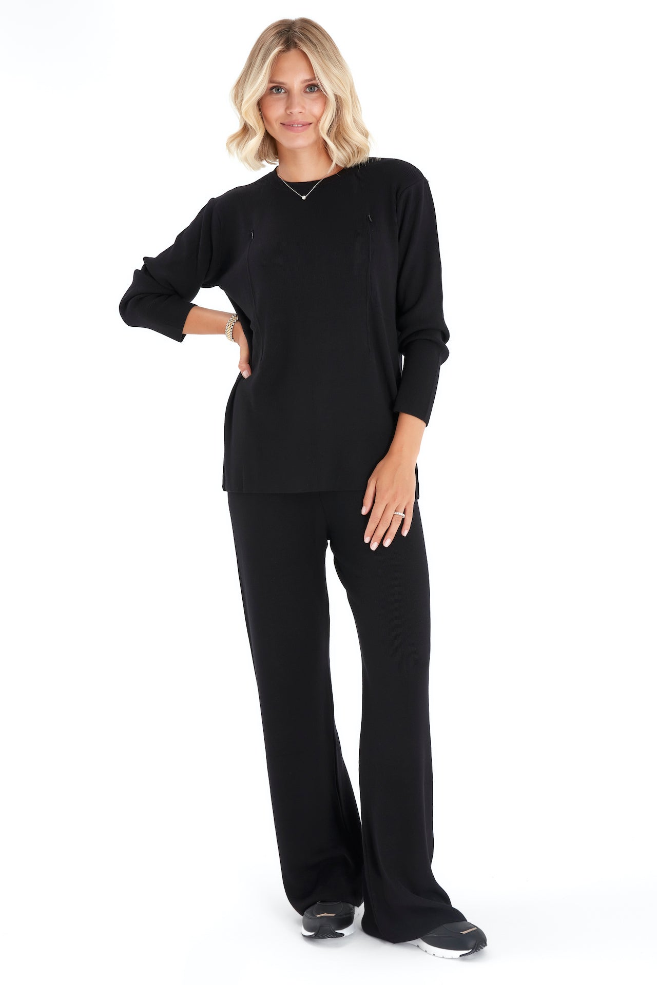 Effortless Elegance Set with Rib Side Zip Long Sleeve Maternity/Nursing Top & Lounge Pants
