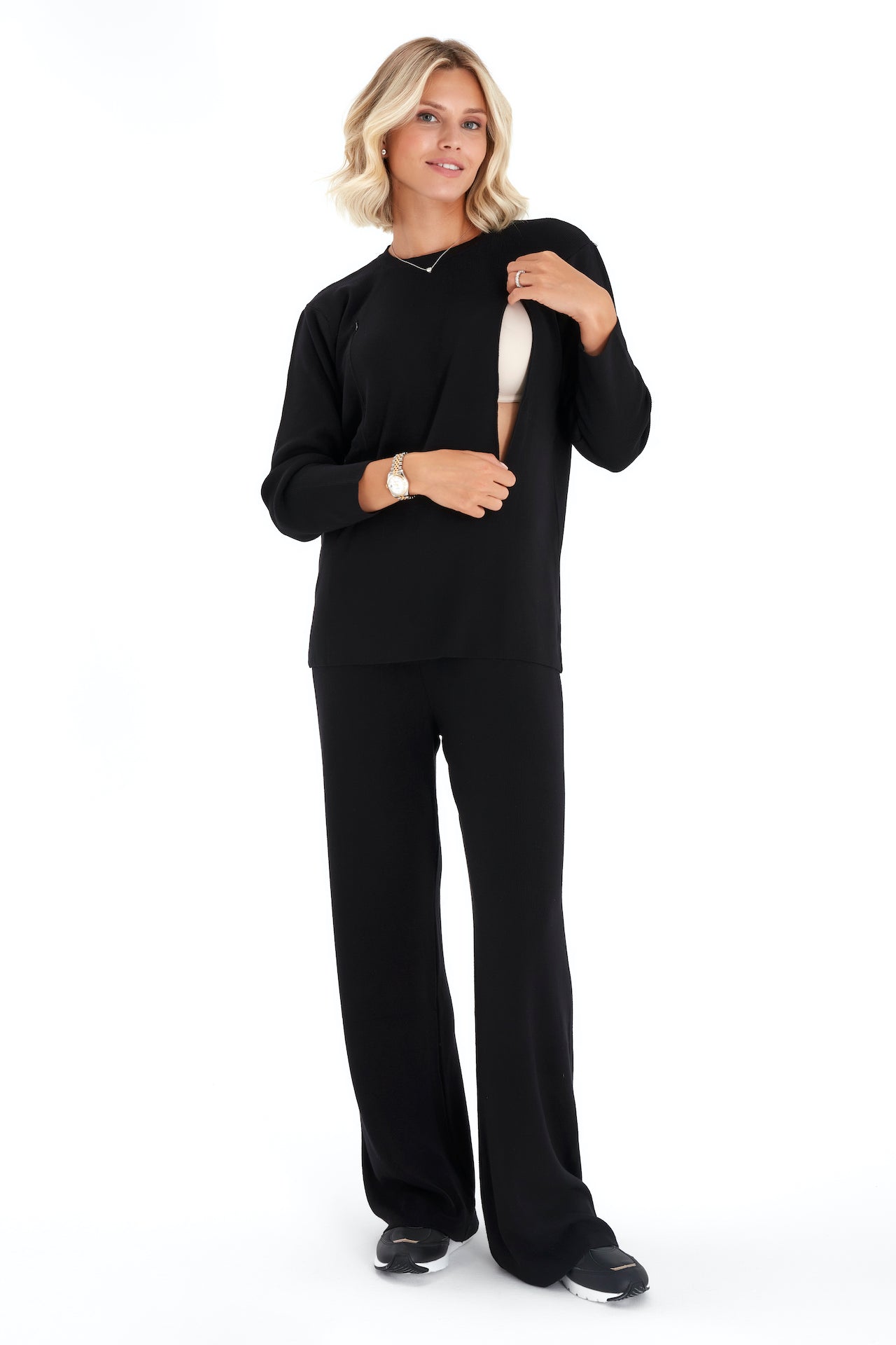 Effortless Elegance Set with Rib Side Zip Long Sleeve Maternity/Nursing Top & Lounge Pants
