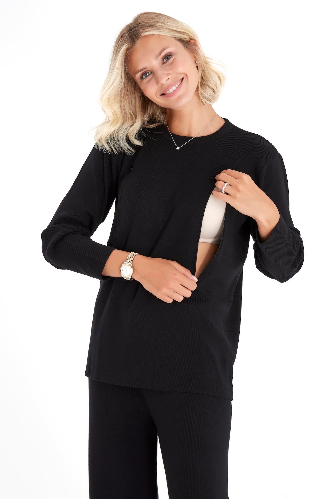 Effortless Elegance Set with Rib Side Zip Long Sleeve Maternity/Nursing Top & Lounge Pants
