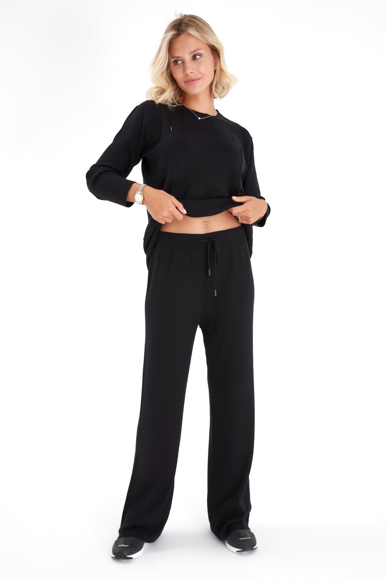 Effortless Elegance Set with Rib Side Zip Long Sleeve Maternity/Nursing Top & Lounge Pants
