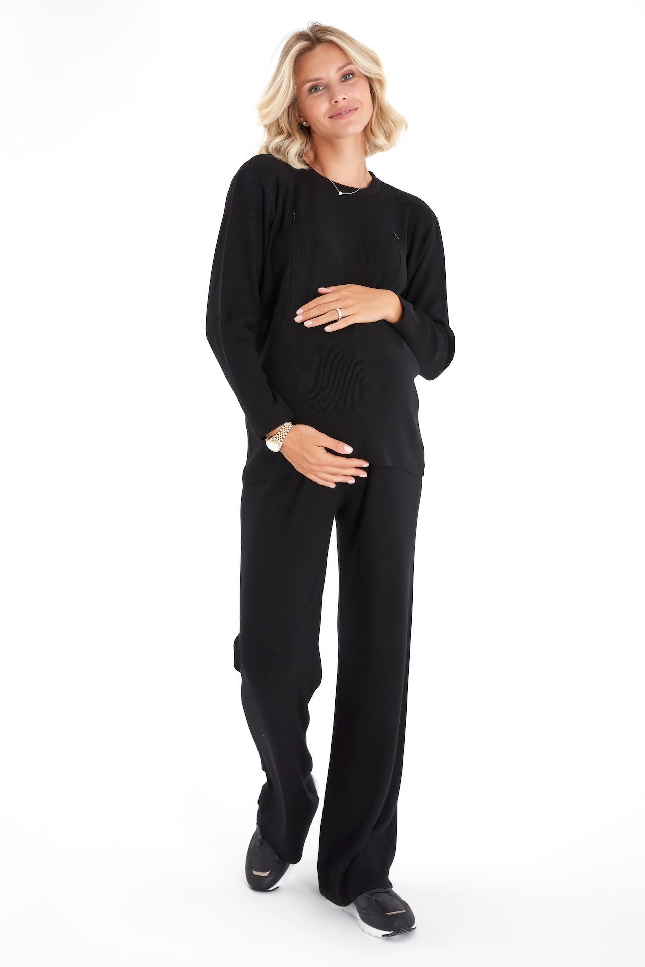 Effortless Elegance Set with Rib Side Zip Long Sleeve Maternity/Nursing Top & Lounge Pants
