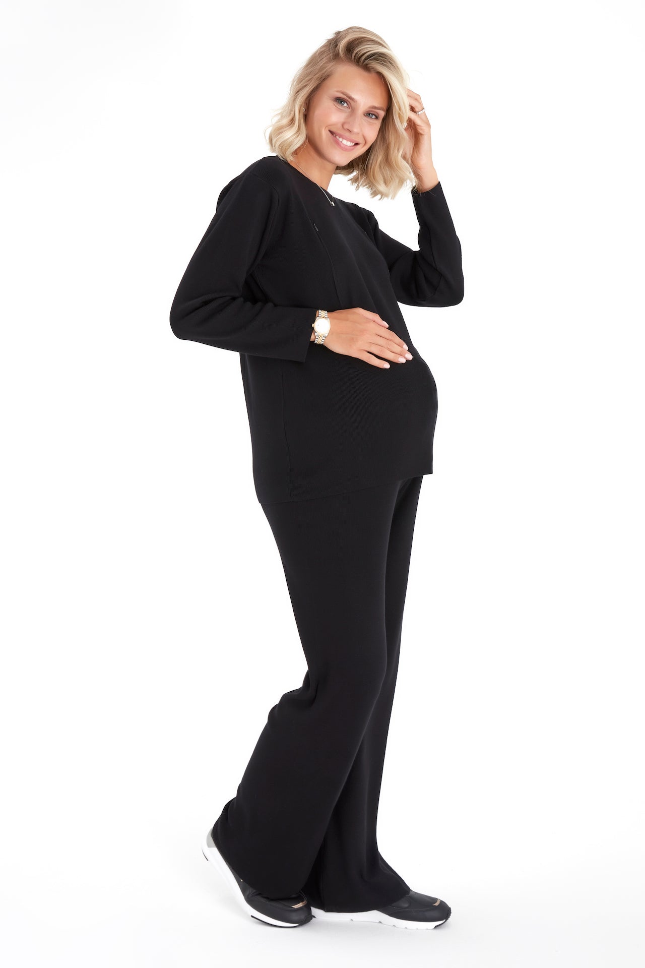 Effortless Elegance Set with Rib Side Zip Long Sleeve Maternity/Nursing Top & Lounge Pants
