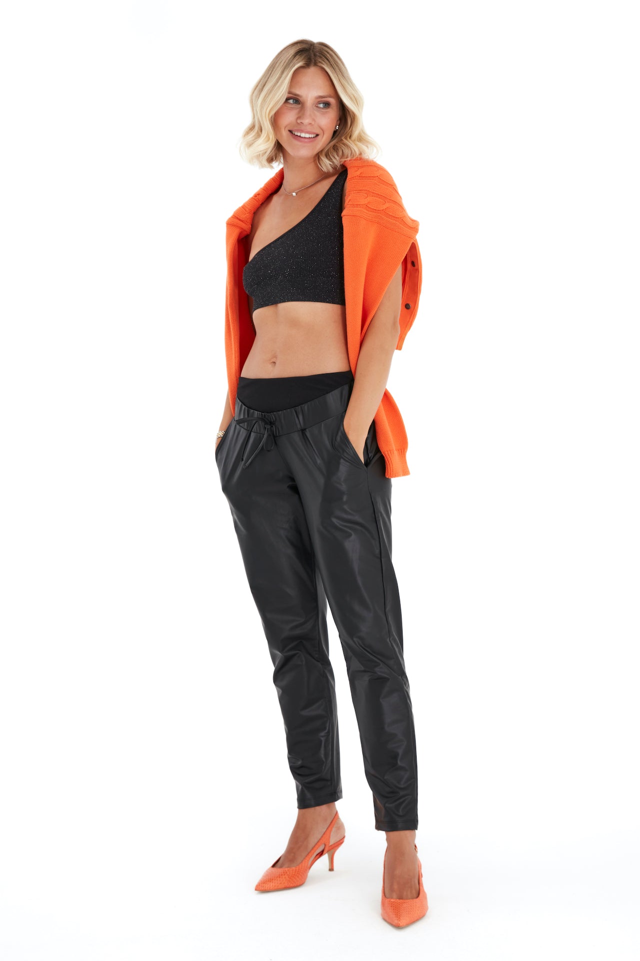 Comfy Cool Foldover Waistband Faux Leather Maternity Jogger Pants
