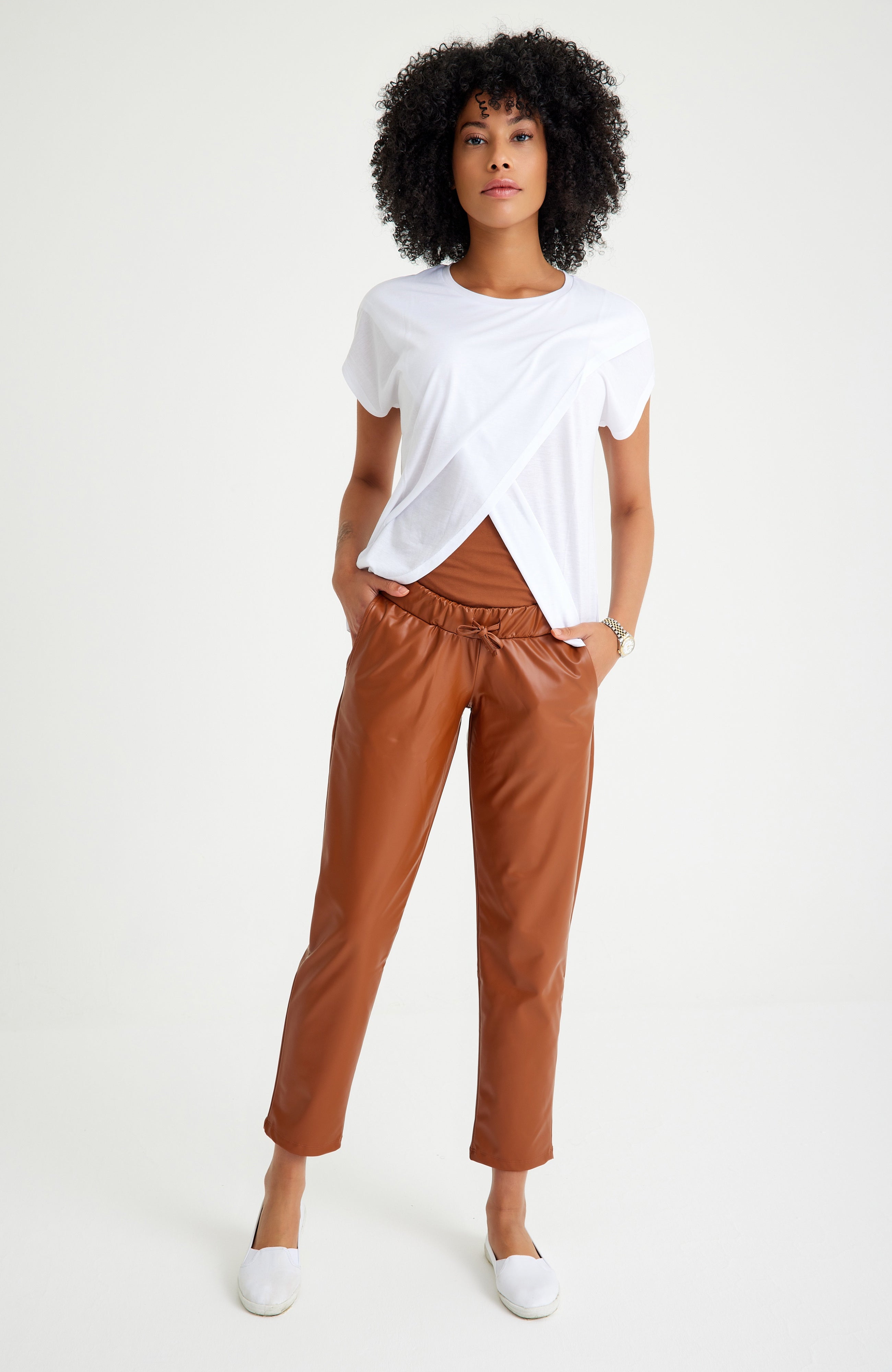 Comfy Cool Foldover Waistband Faux Leather Maternity Jogger Pants
