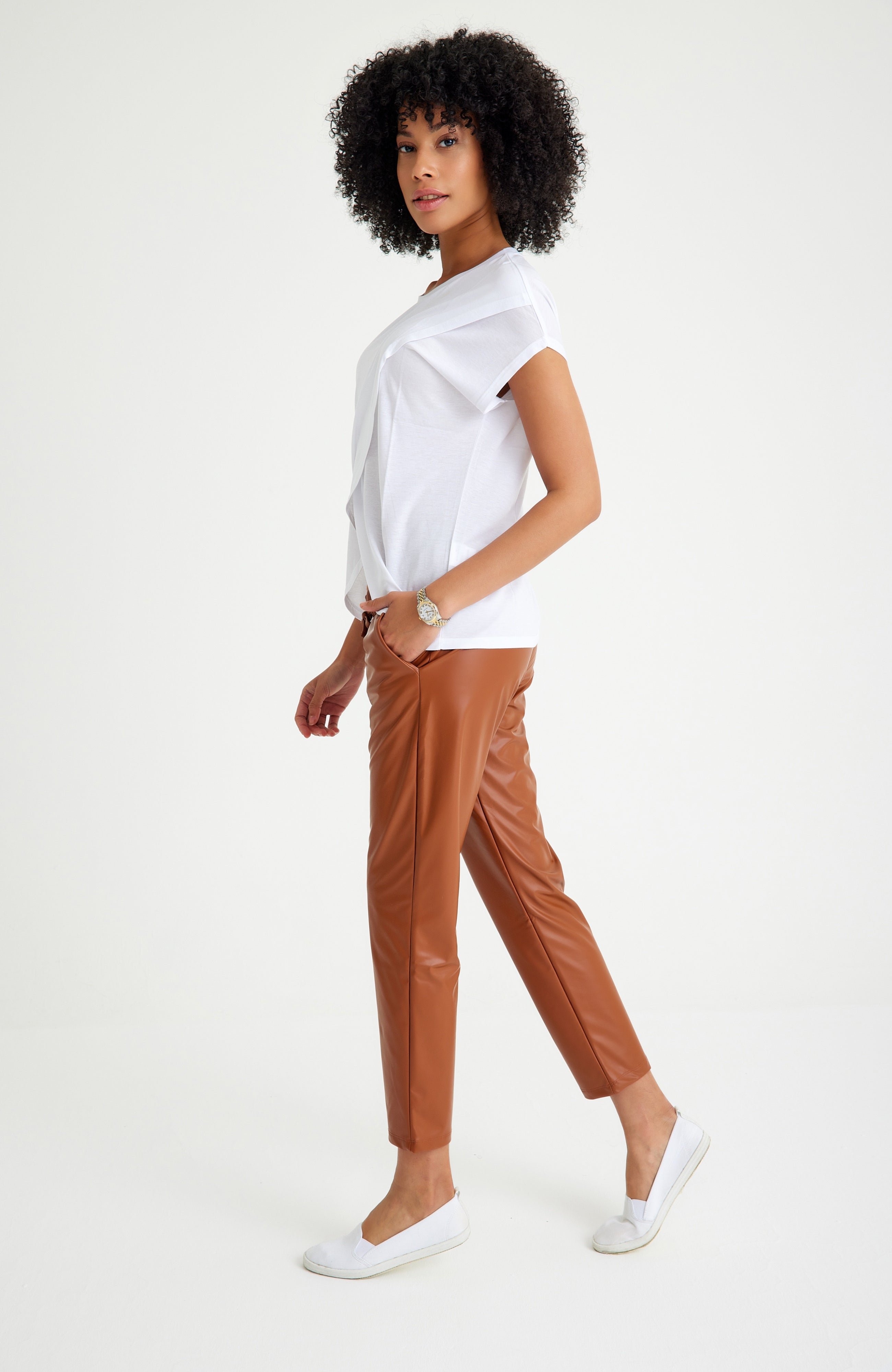 Comfy Cool Foldover Waistband Faux Leather Maternity Jogger Pants
