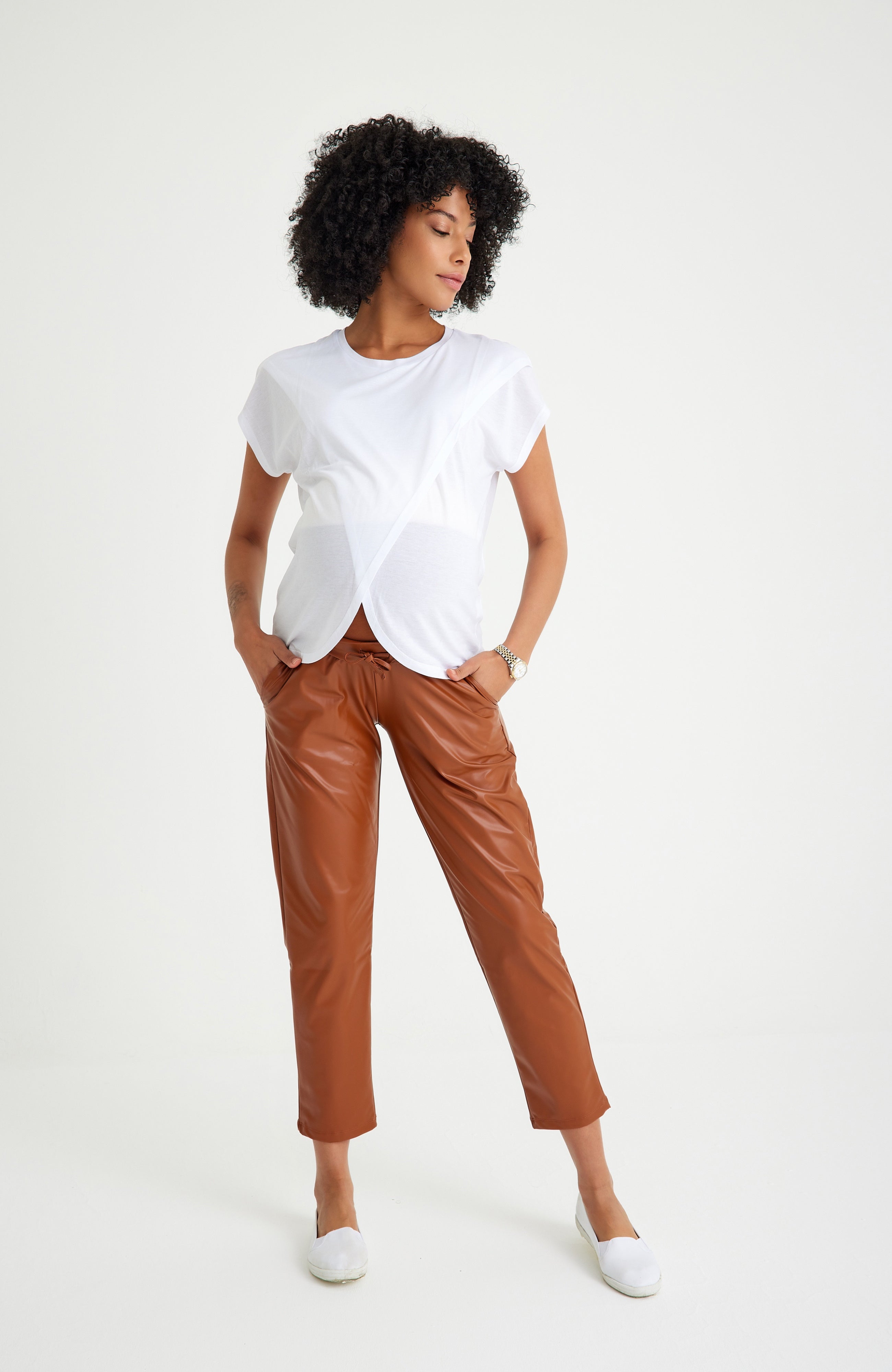 Comfy Cool Foldover Waistband Faux Leather Maternity Jogger Pants
