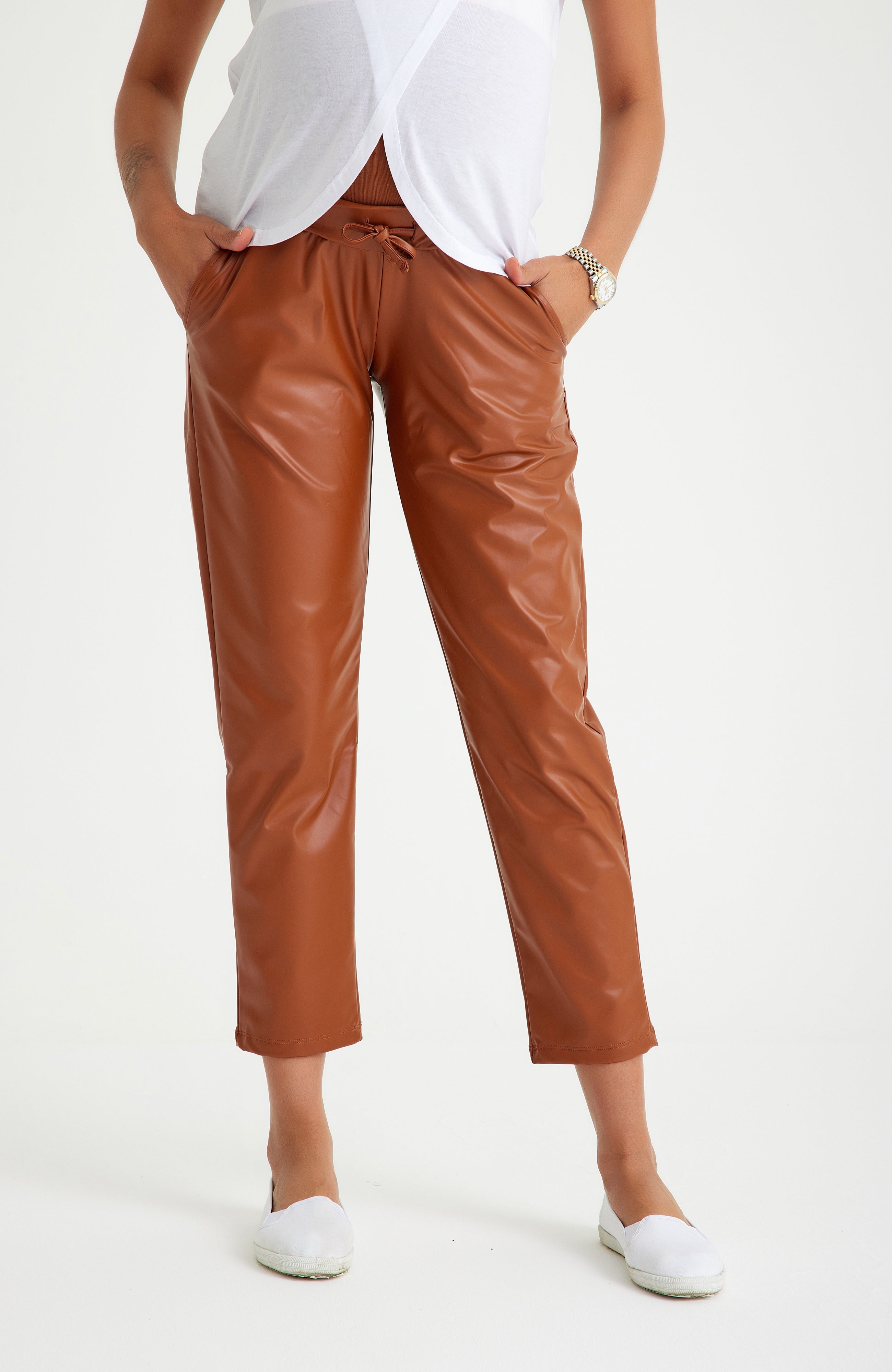 Comfy Cool Foldover Waistband Faux Leather Maternity Jogger Pants
