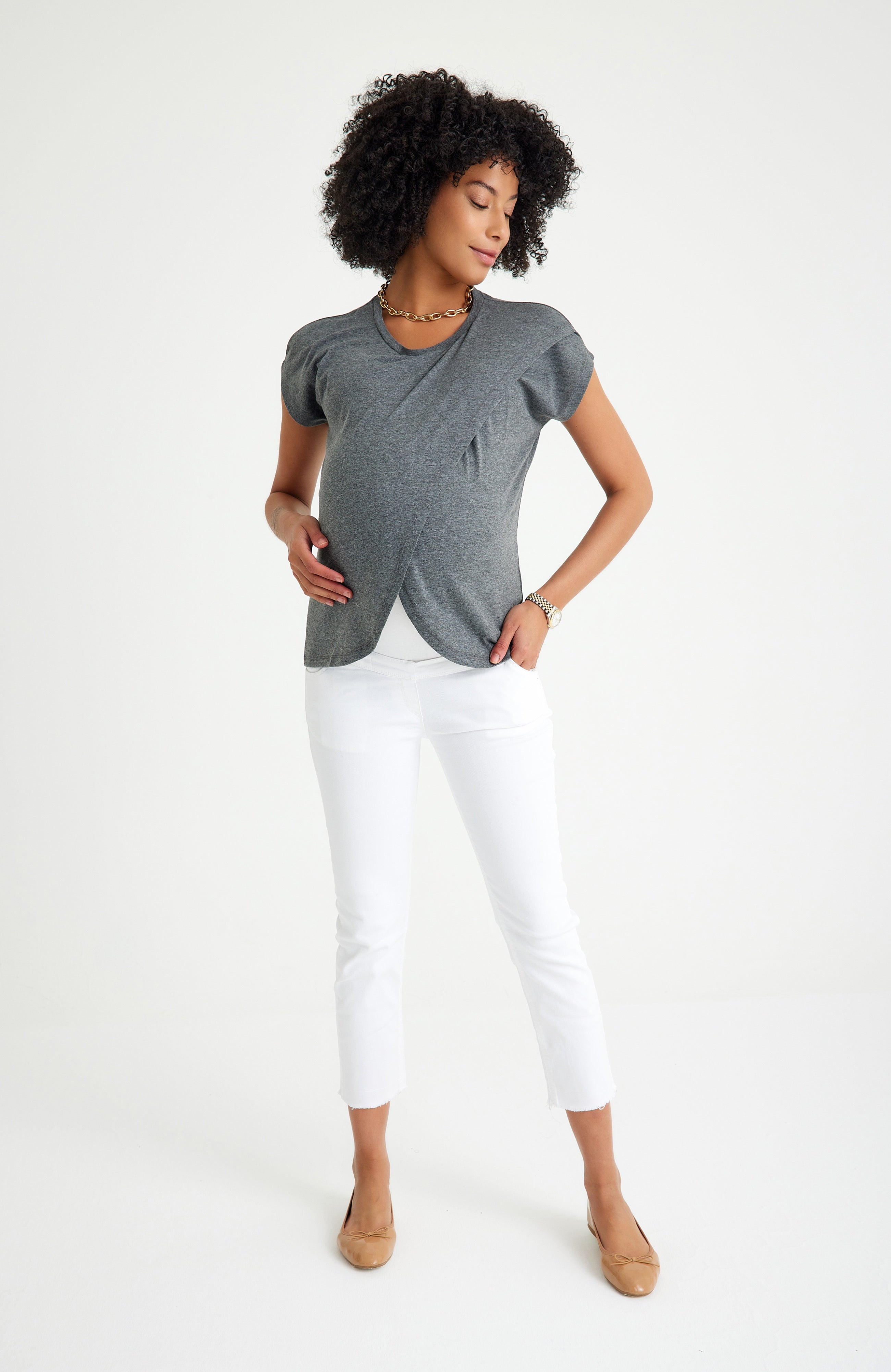 Handy Crossover Short Sleeve Cotton Maternity/Nursing Top
